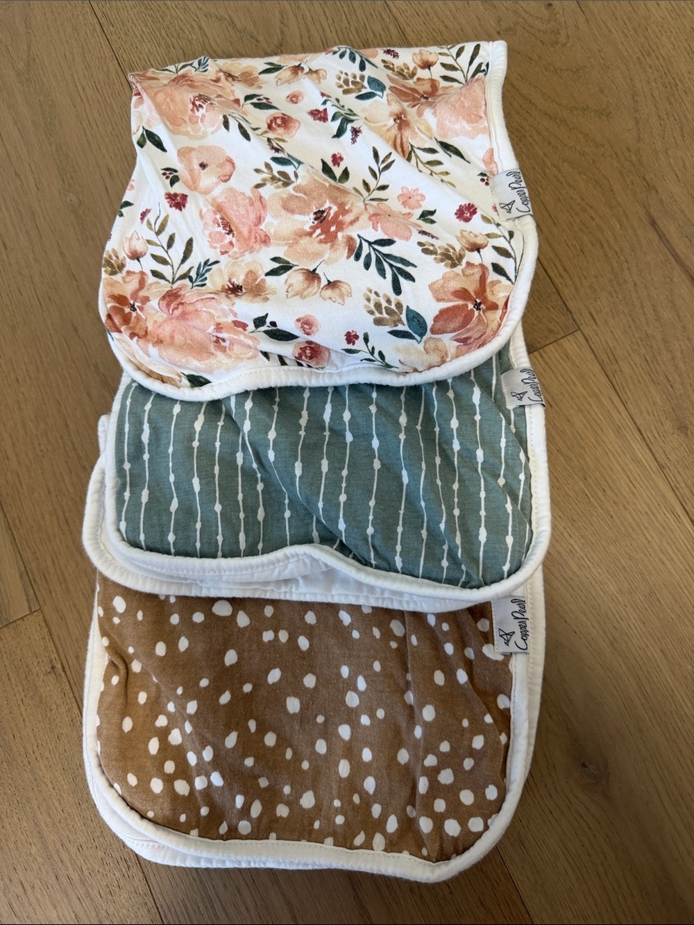 Copper Pearl 3-Pack Floral, Sage Stripe & Rust Dot Burp Cloths